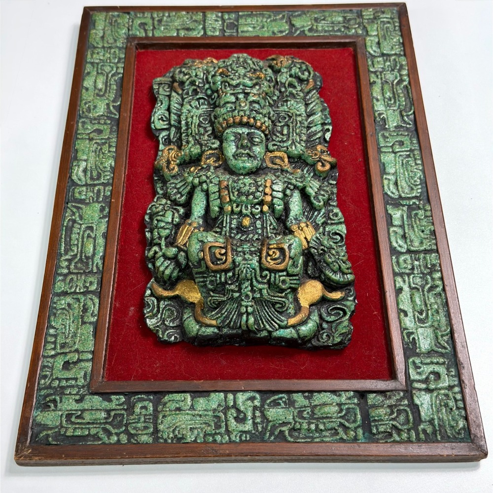 Vintage Mayan Aztec Style Relief Sculpture Wall Art Green Faux Malachite 16x11